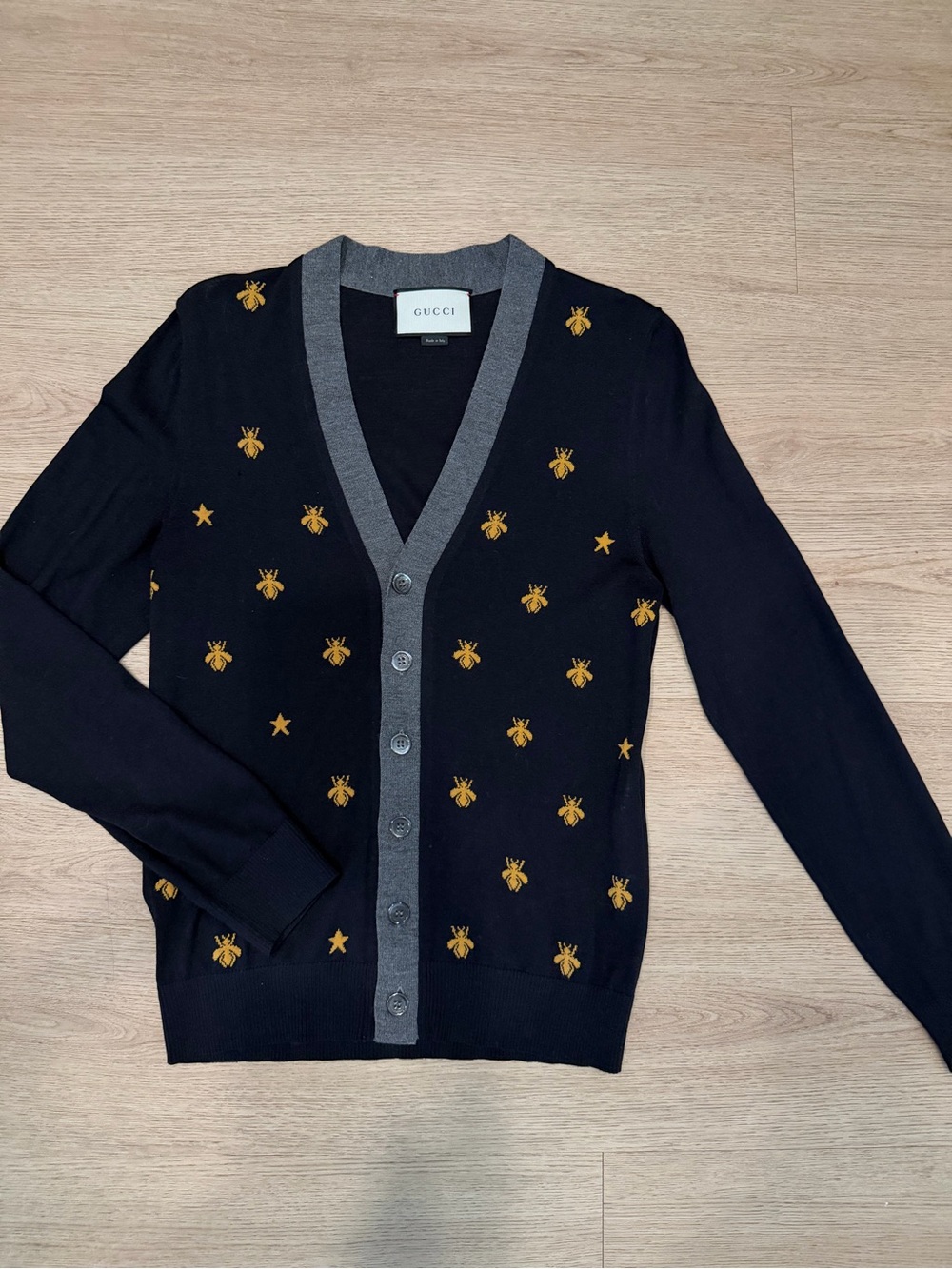 Gucci Navy Cardigan with Gold Bee & Star Embroidery